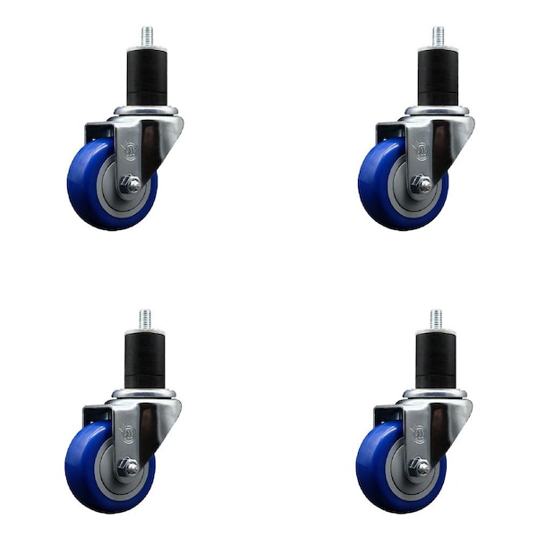 3'' Blue Poly Wheel Swivel 1-3/4'' Expanding Stem Caster Set, 4PK